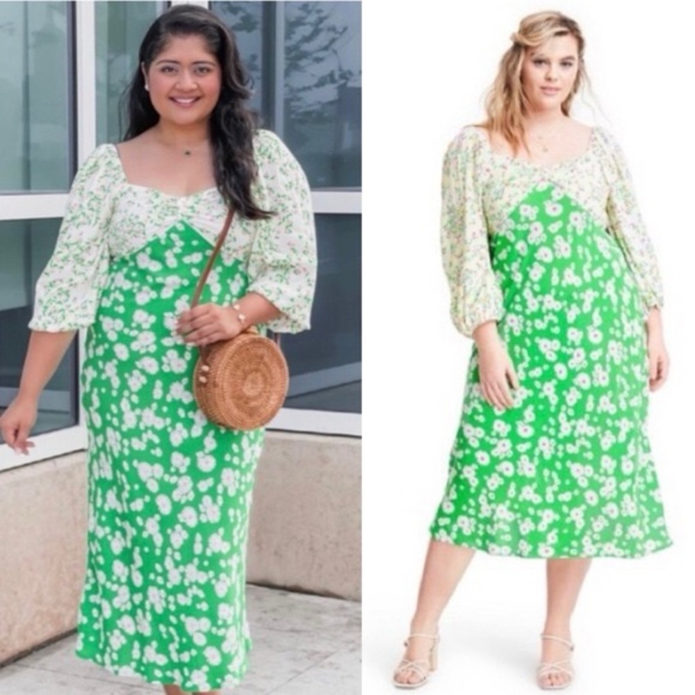 RIXO Daisy Long Puff Sleeve Swing Women’s Green Floral Maxi Dress Plus Size 16